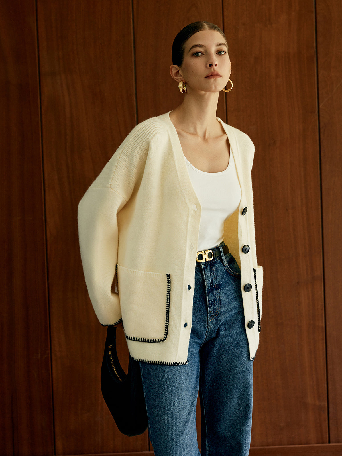 Kontrast Trim Cepli Kardigan