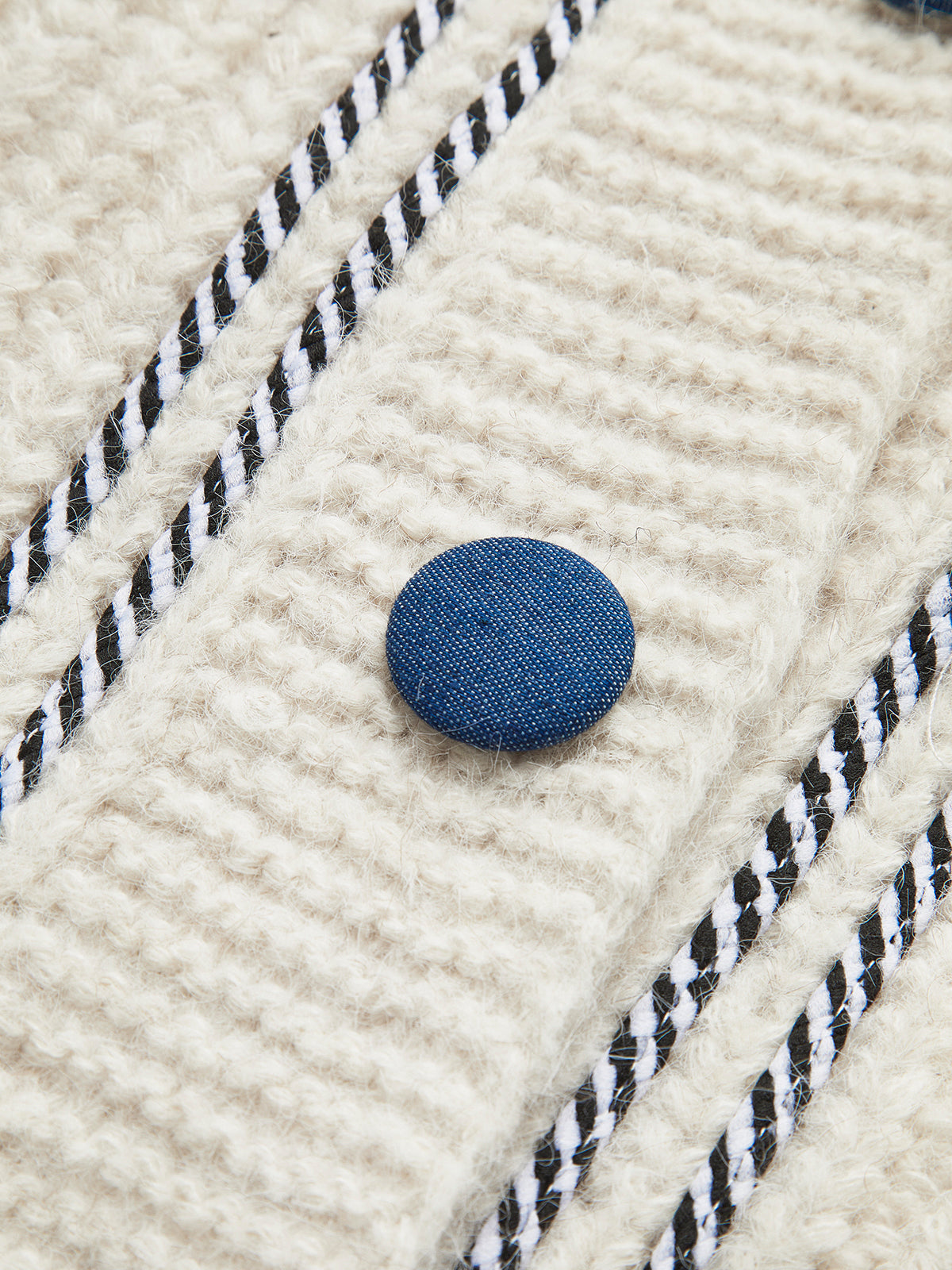 Kontrast Bağlamalı V Yaka Cepli Kardigan