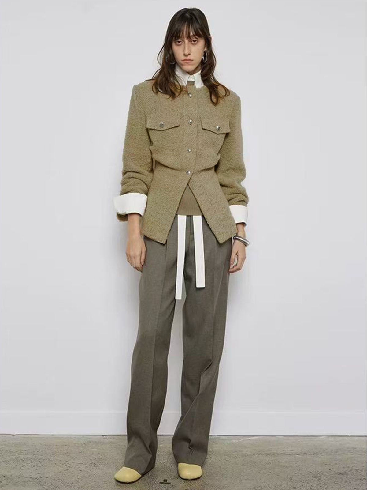 Yuvarlak Yaka Düğmeli Tweed Mont
