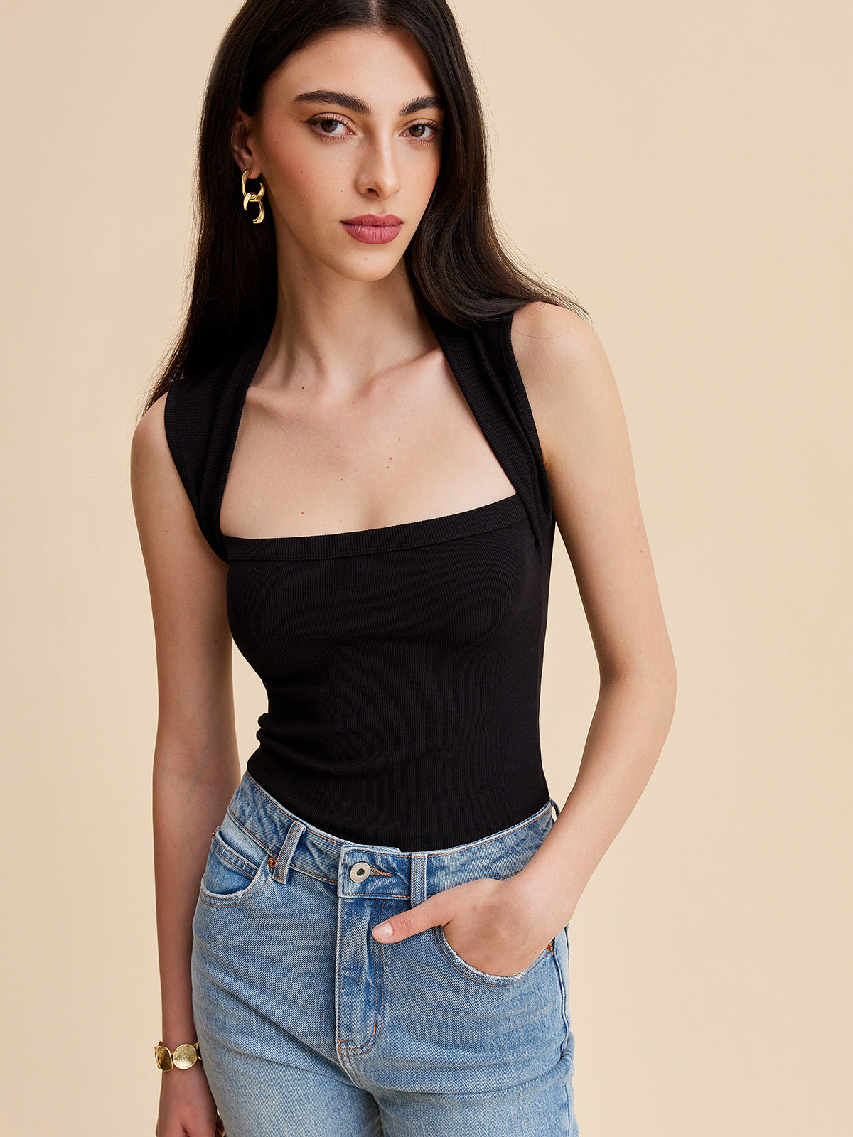 Kare Yakalı Yivli Tank Top