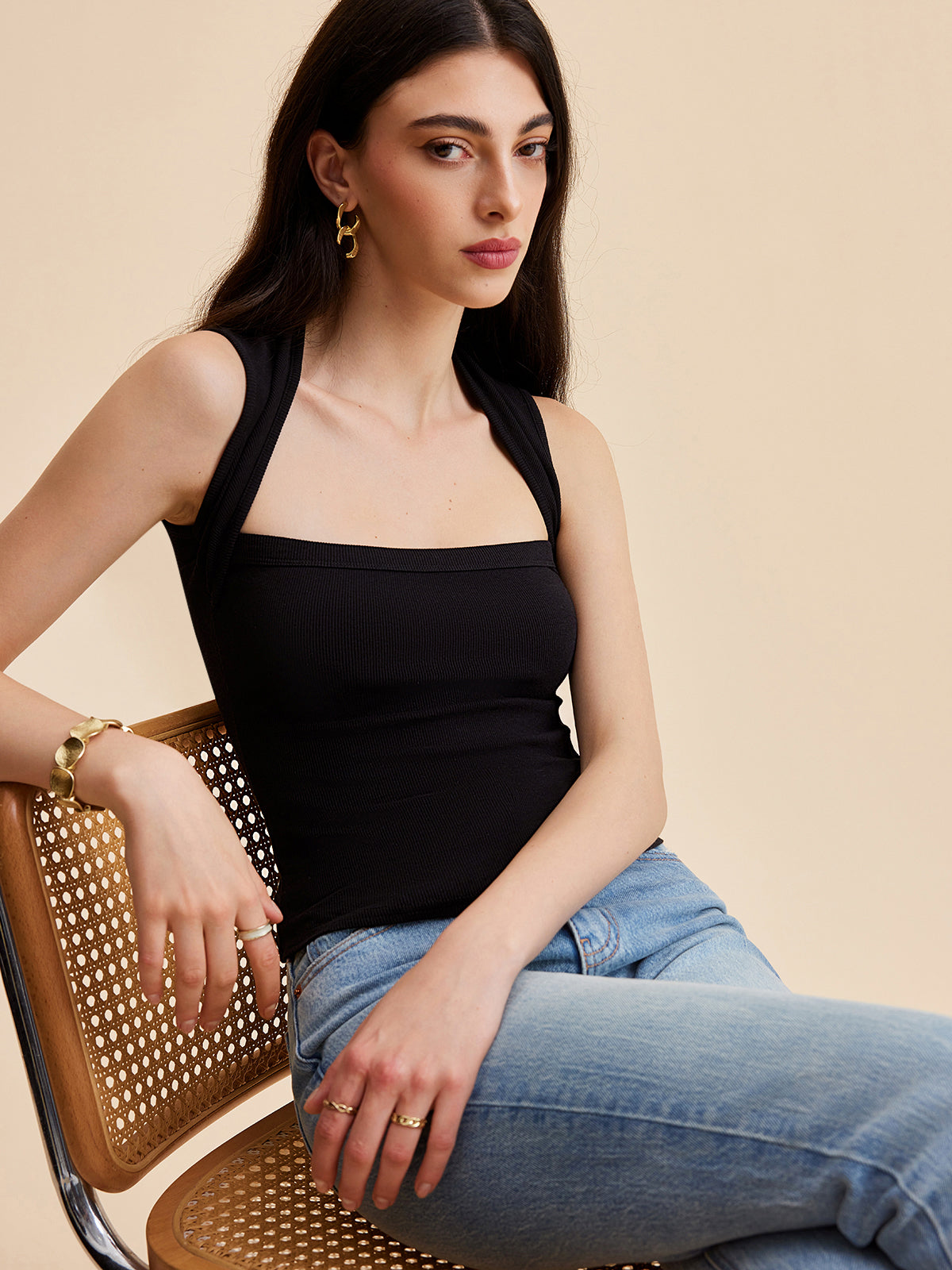 Kare Yakalı Yivli Tank Top