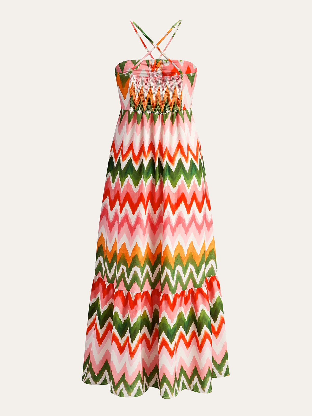 Zigzag Desenli Kıvrımlı Askılı Elbise