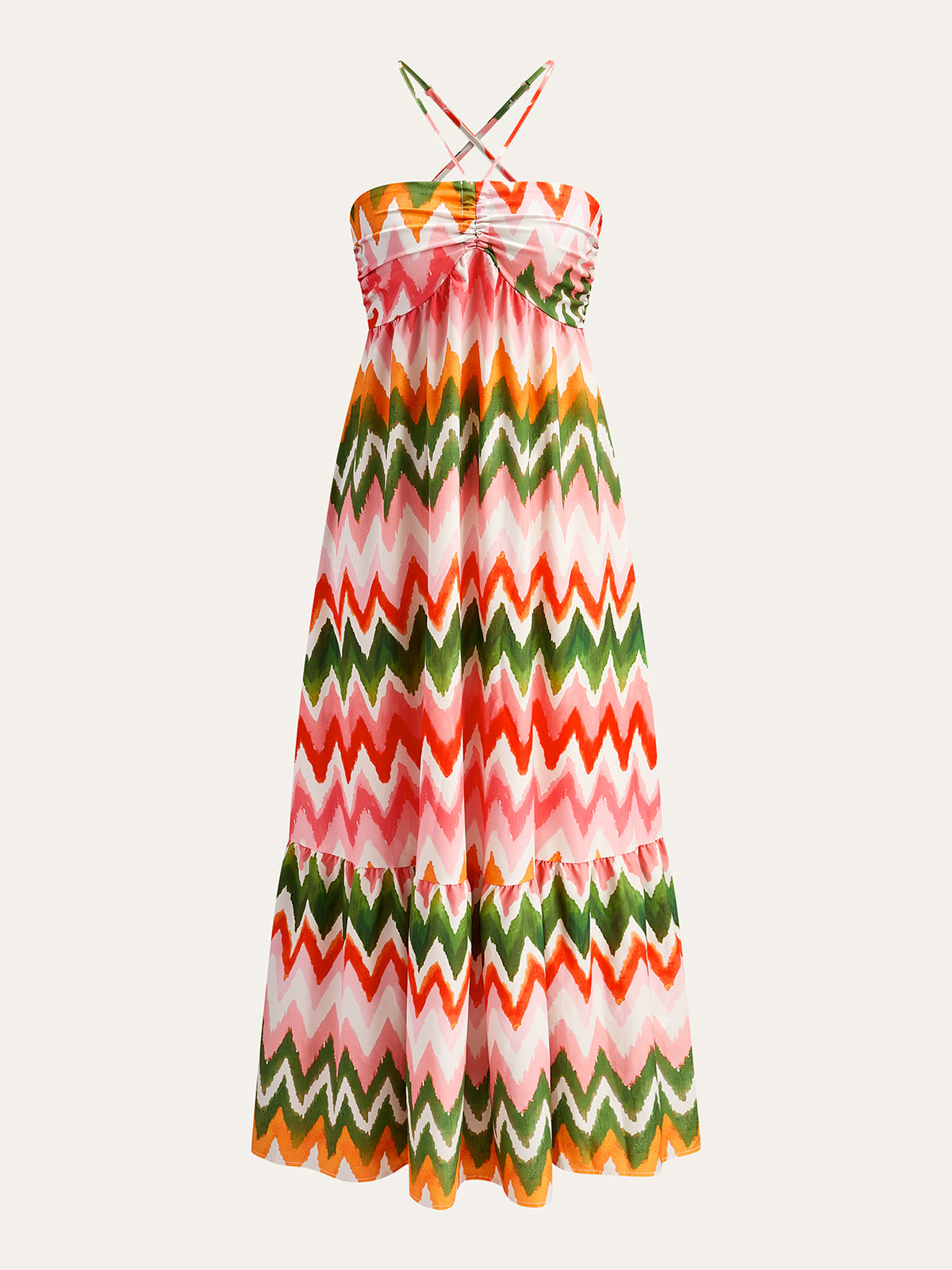 Zigzag Desenli Kıvrımlı Askılı Elbise