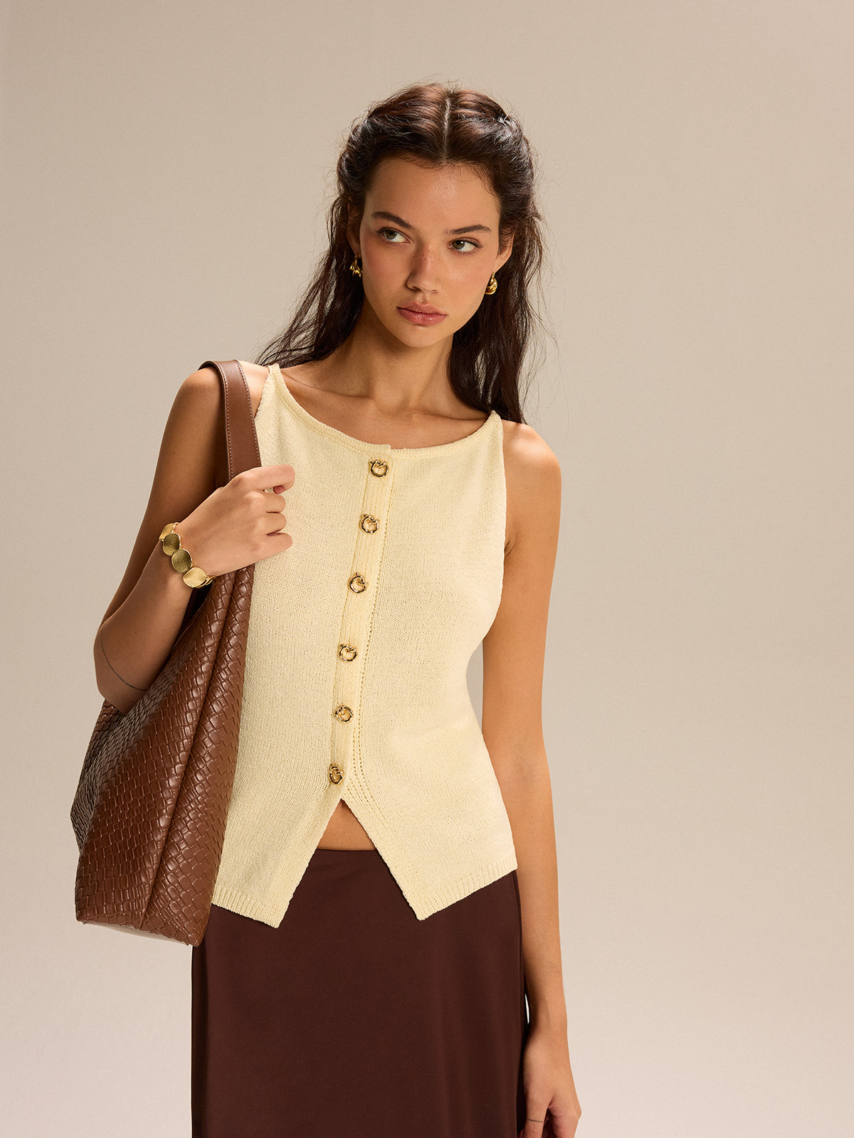 Örgü Düğmeli Ön Tank Top