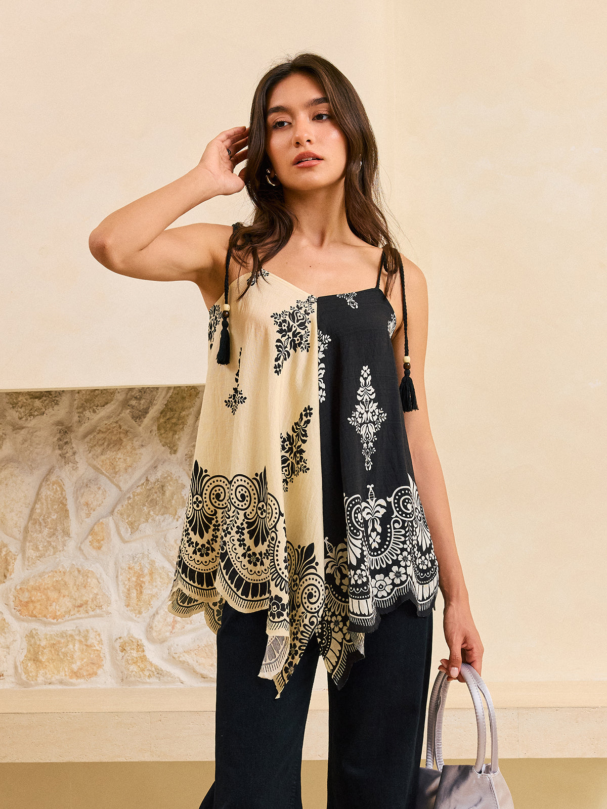 Bohe Desenli Püsküllü Bağcıklı Tank Top