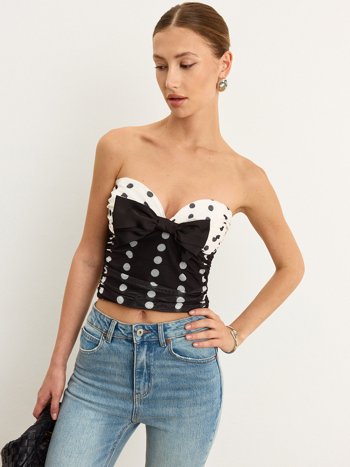 Polka Dot Fiyonklu Tüp Üst