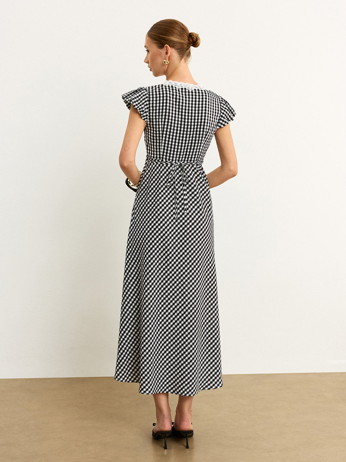 Gingham Dantel Kenarlı Uçuşan Kollu Midi Elbise