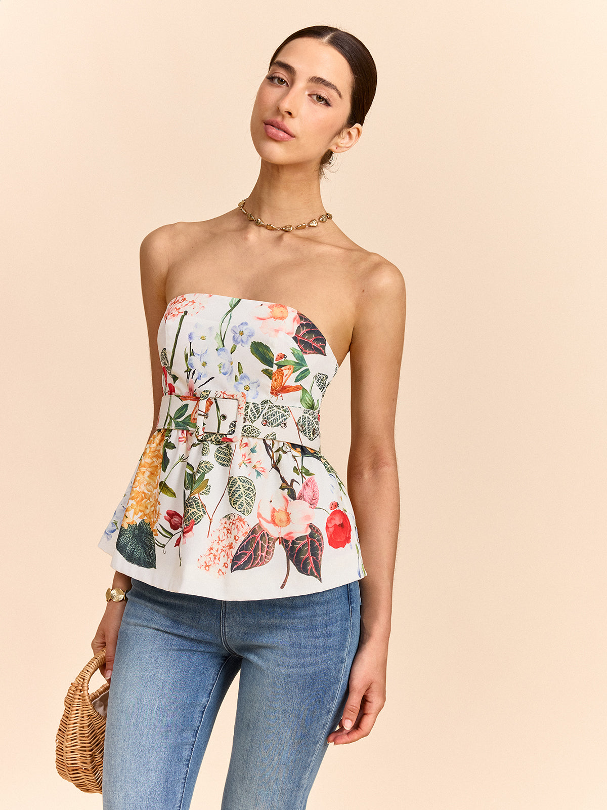 Çiçek Desenli Straplez Peplum Üst Kemerli
