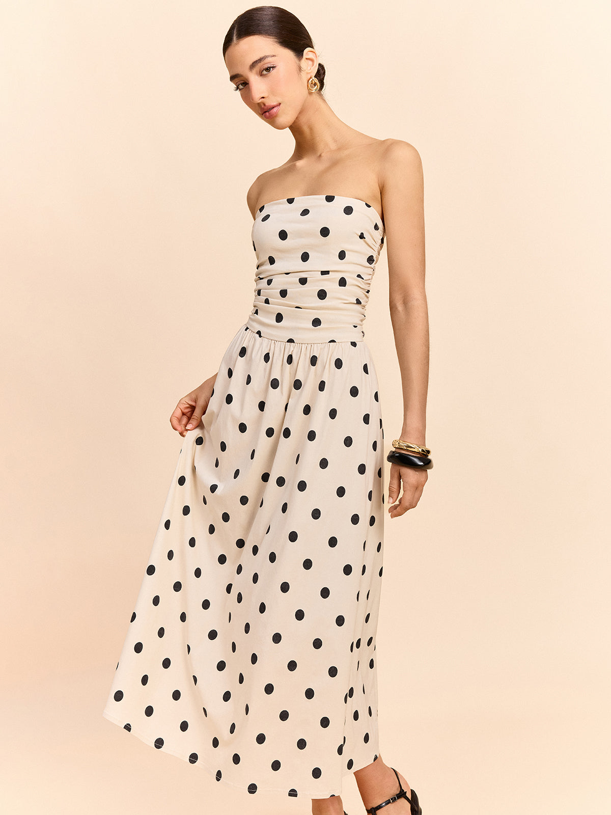 Straplez Polka Dot Kıvrımlı Midi Elbise