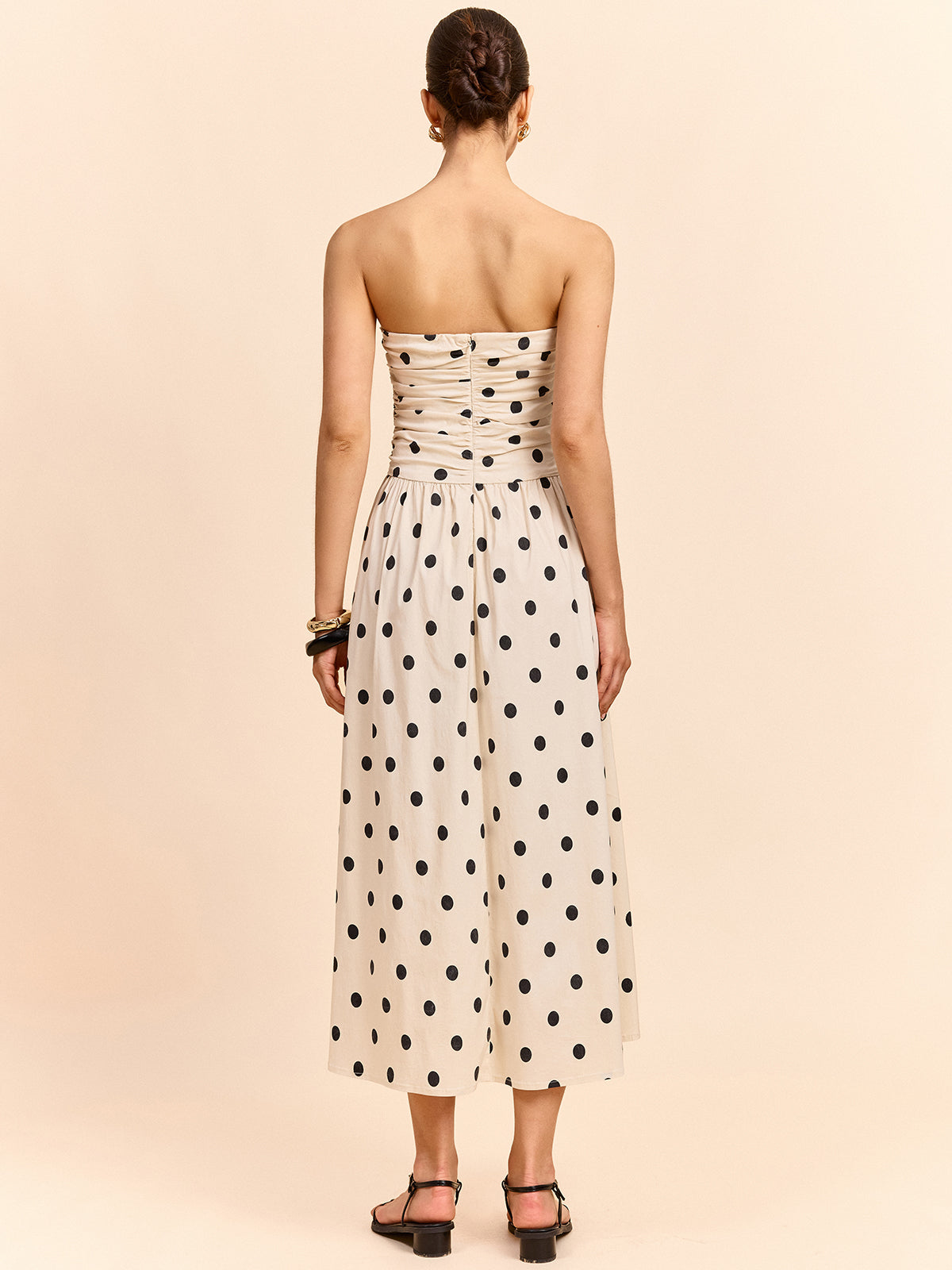 Straplez Polka Dot Kıvrımlı Midi Elbise