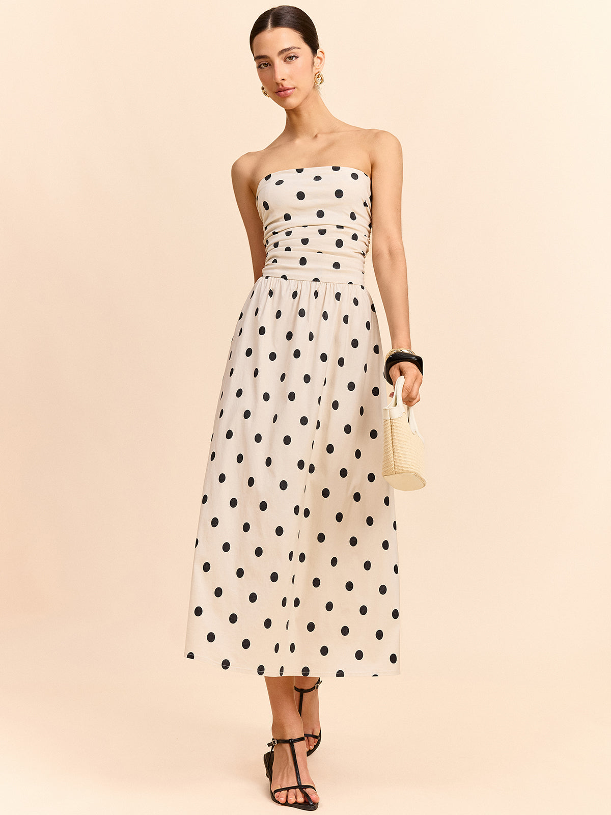 Straplez Polka Dot Kıvrımlı Midi Elbise