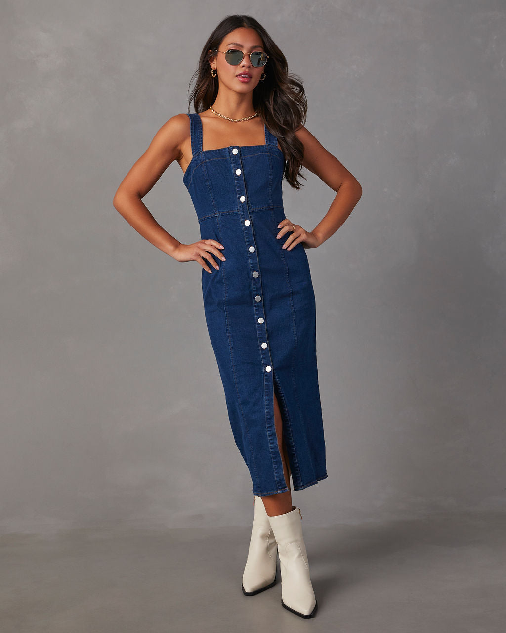 Camden Denim Önü Düğmeli Midi Elbise