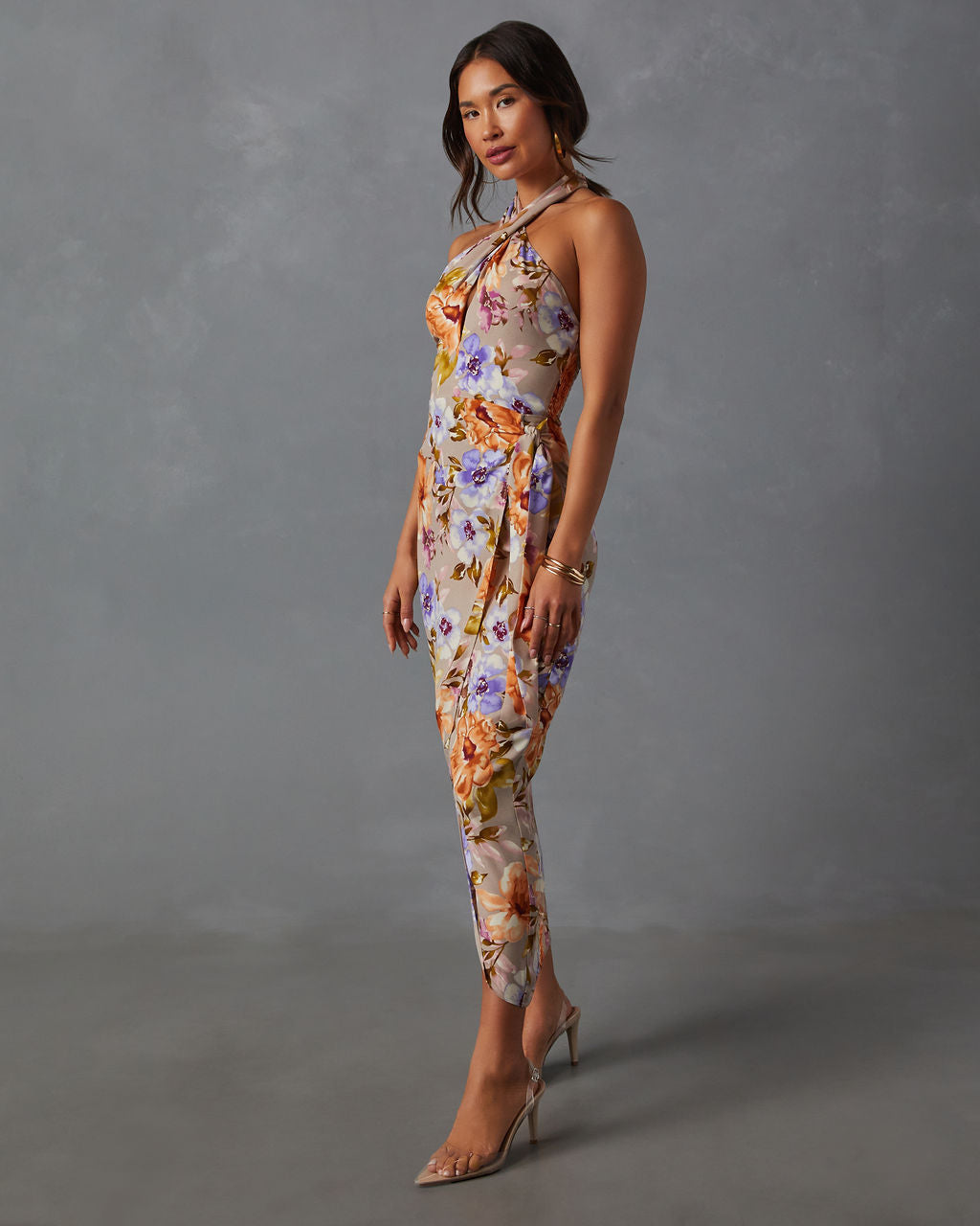 Floral Beauty Büküm Önü Boyundan Bağlamalı Midi Elbise