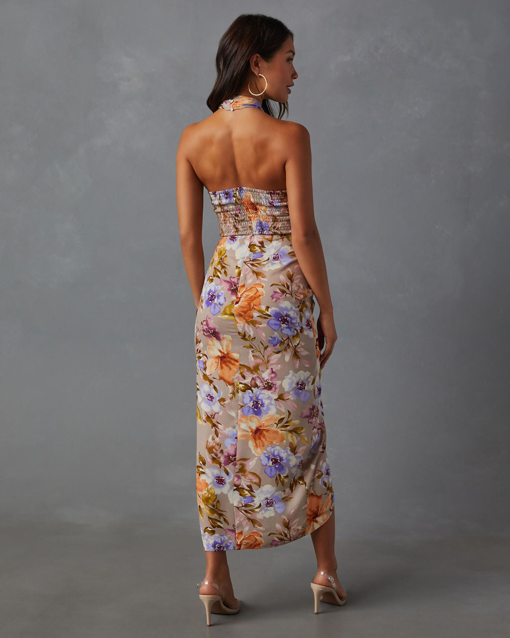 Floral Beauty Büküm Önü Boyundan Bağlamalı Midi Elbise