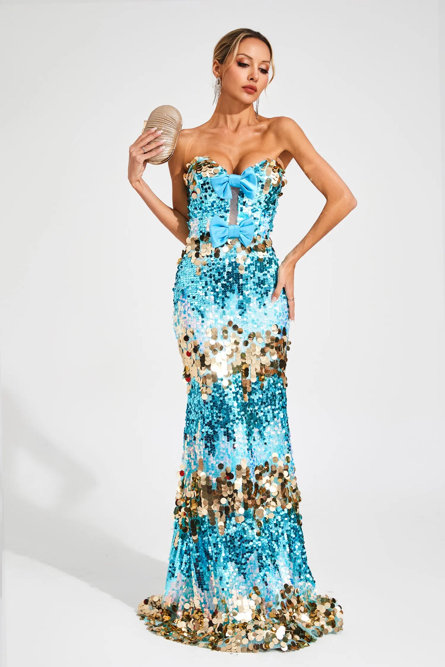Bianca Mavi Payetler Bandaj Maxi Elbise
