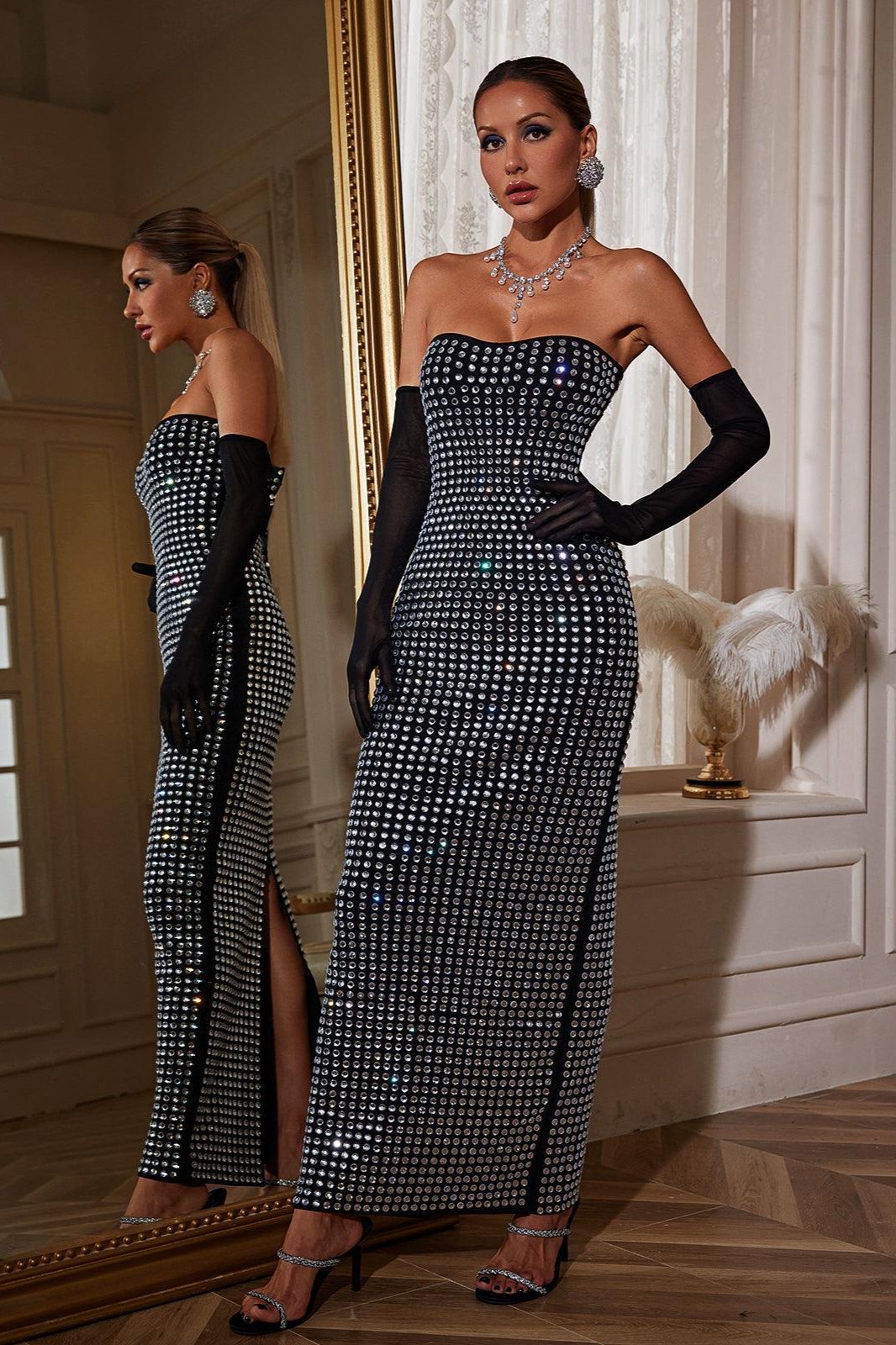 Khy Eldivenli Rhinestone Bandaj Maxi Elbise