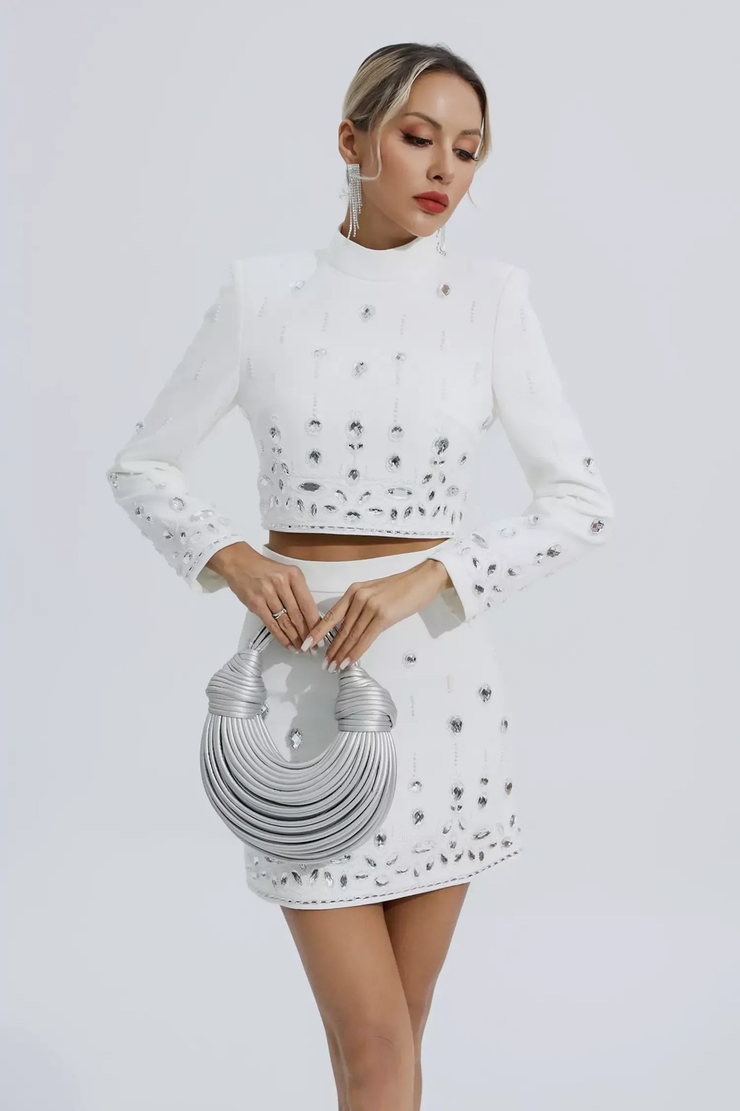 Cecelia Beyaz Kristal Süslemeli Set