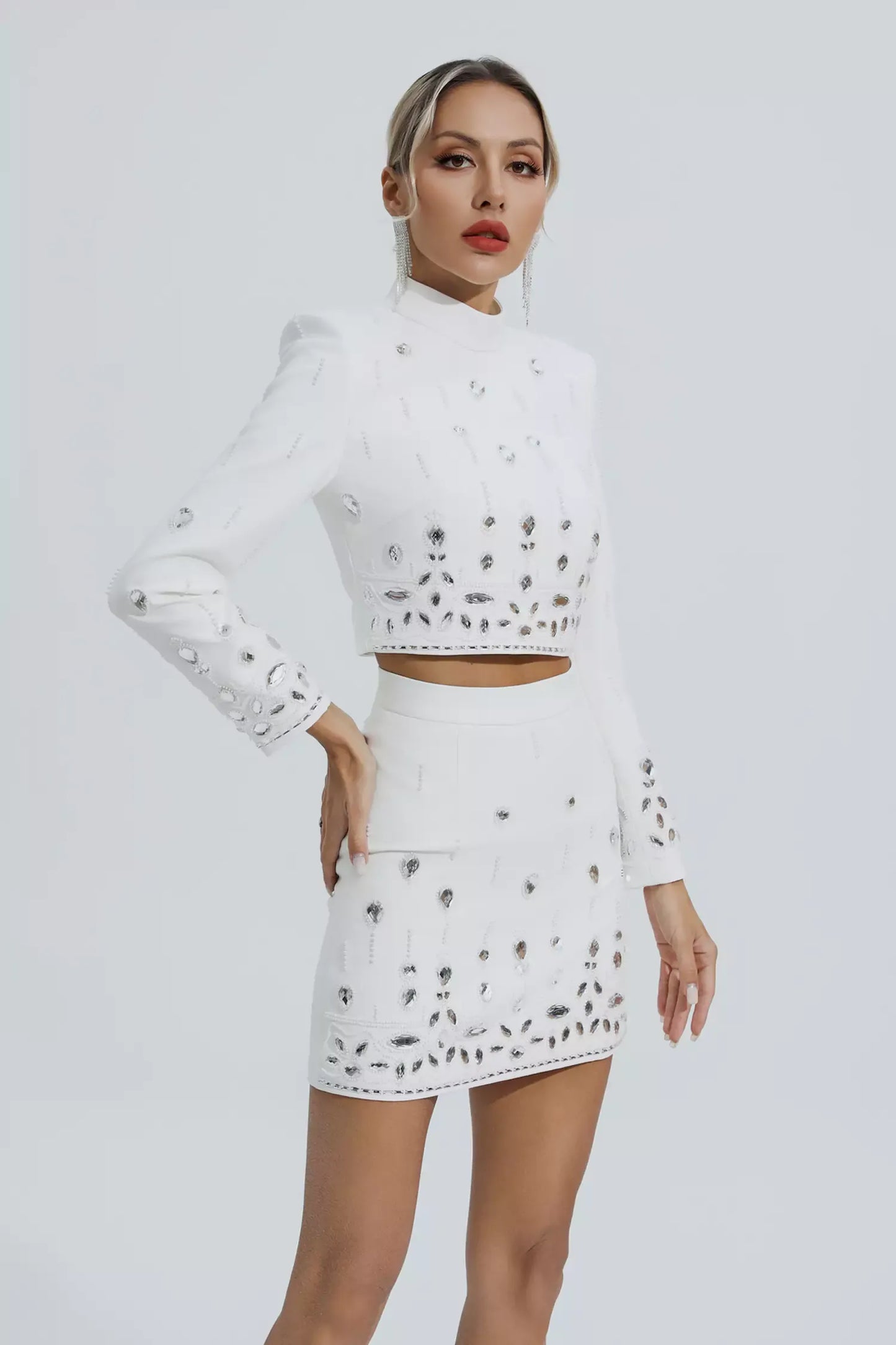 Cecelia Beyaz Kristal Süslemeli Set