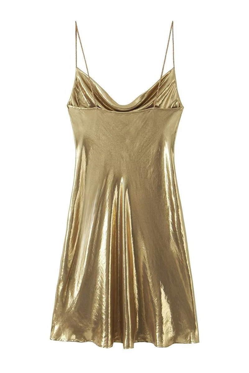 Dreda Metalik Dekolteli Mini Slip Elbise