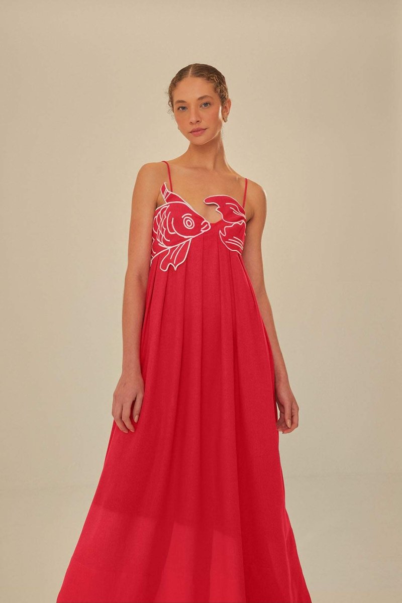 Eileen Japon Balığı İşlemeli Maxi Slip Elbise