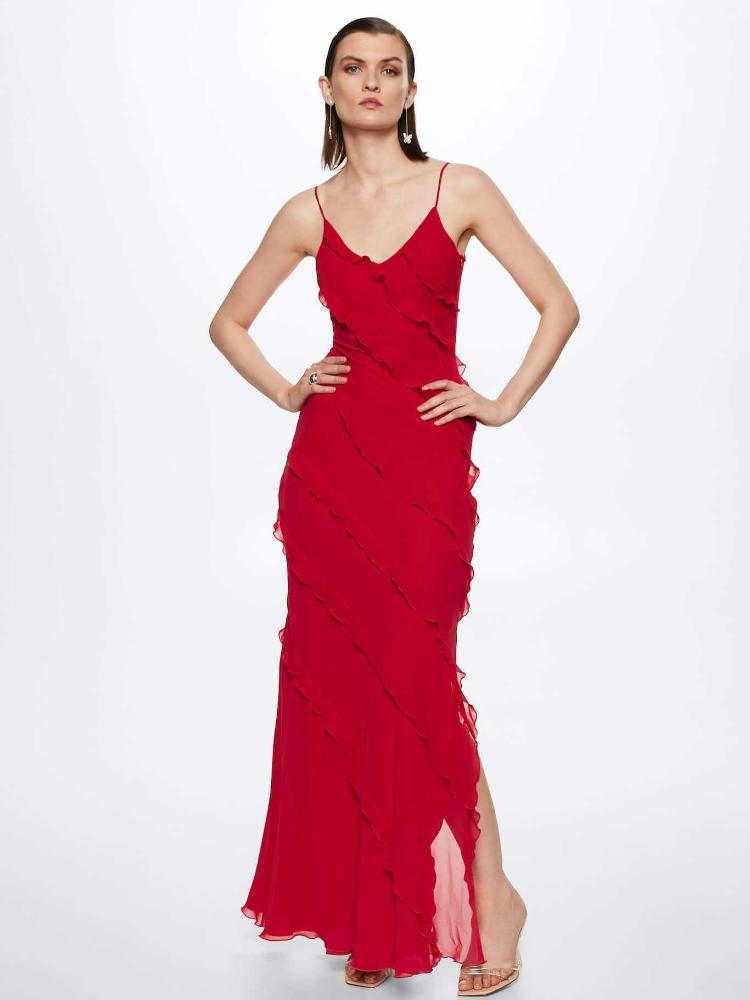 Eve Şifon Fırfırlı Maxi Slip Elbise
