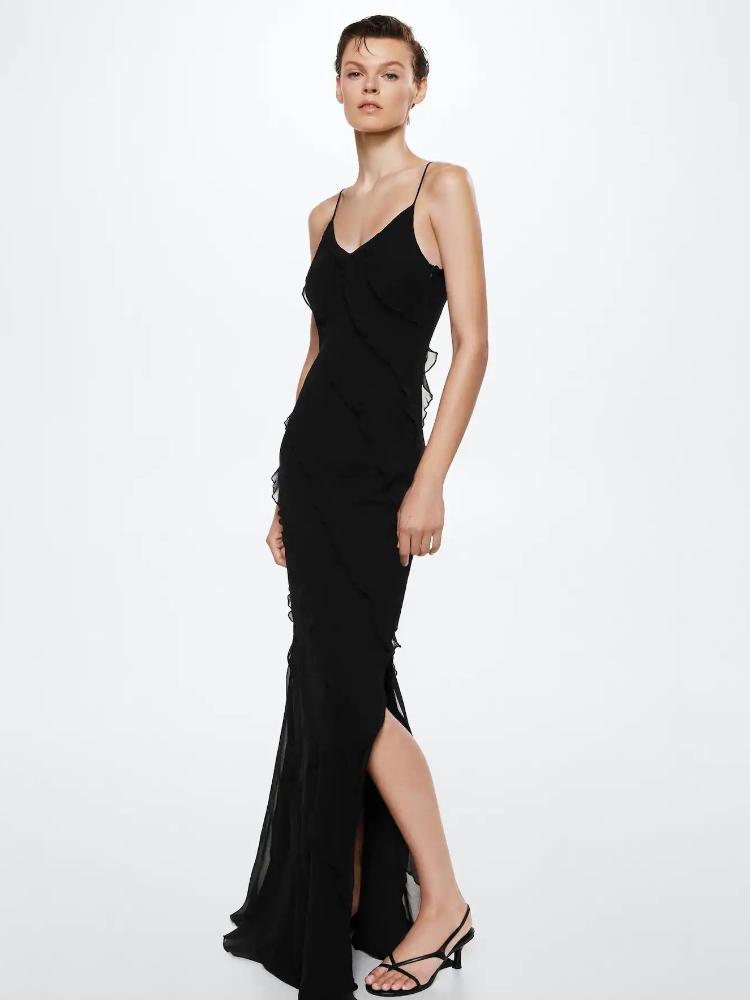 Eve Şifon Fırfırlı Maxi Slip Elbise