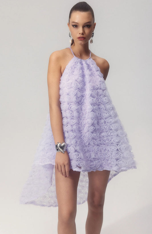 Michaelia Çiçek Aplikeli Boyundan Bağlamalı Mini File Elbise