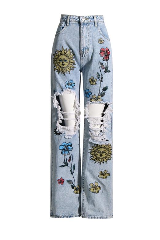 Liza Çiçek & Güneş Baskılı Yırtık Jean