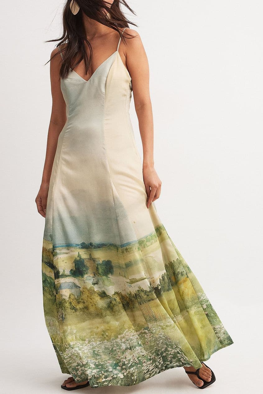 Edith Baskılı V Yaka Maxi Slip Elbise