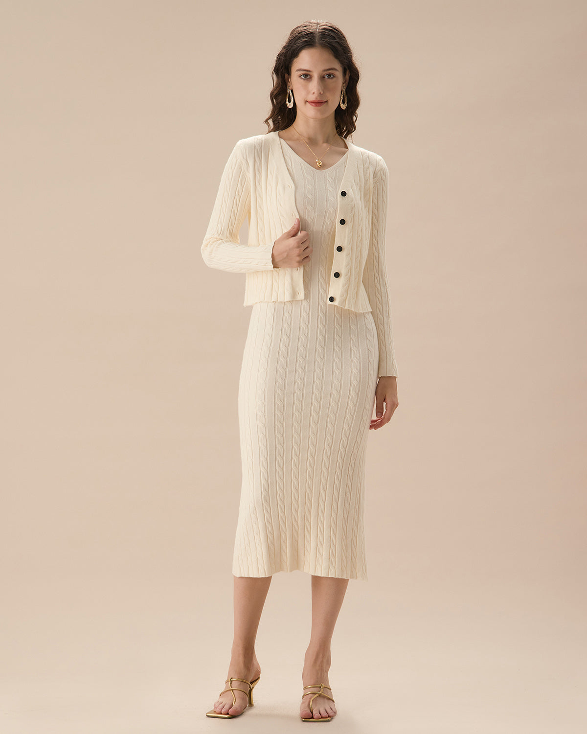 Bej Fitilli Örgü Tek Sıra Düğmeli Hırka