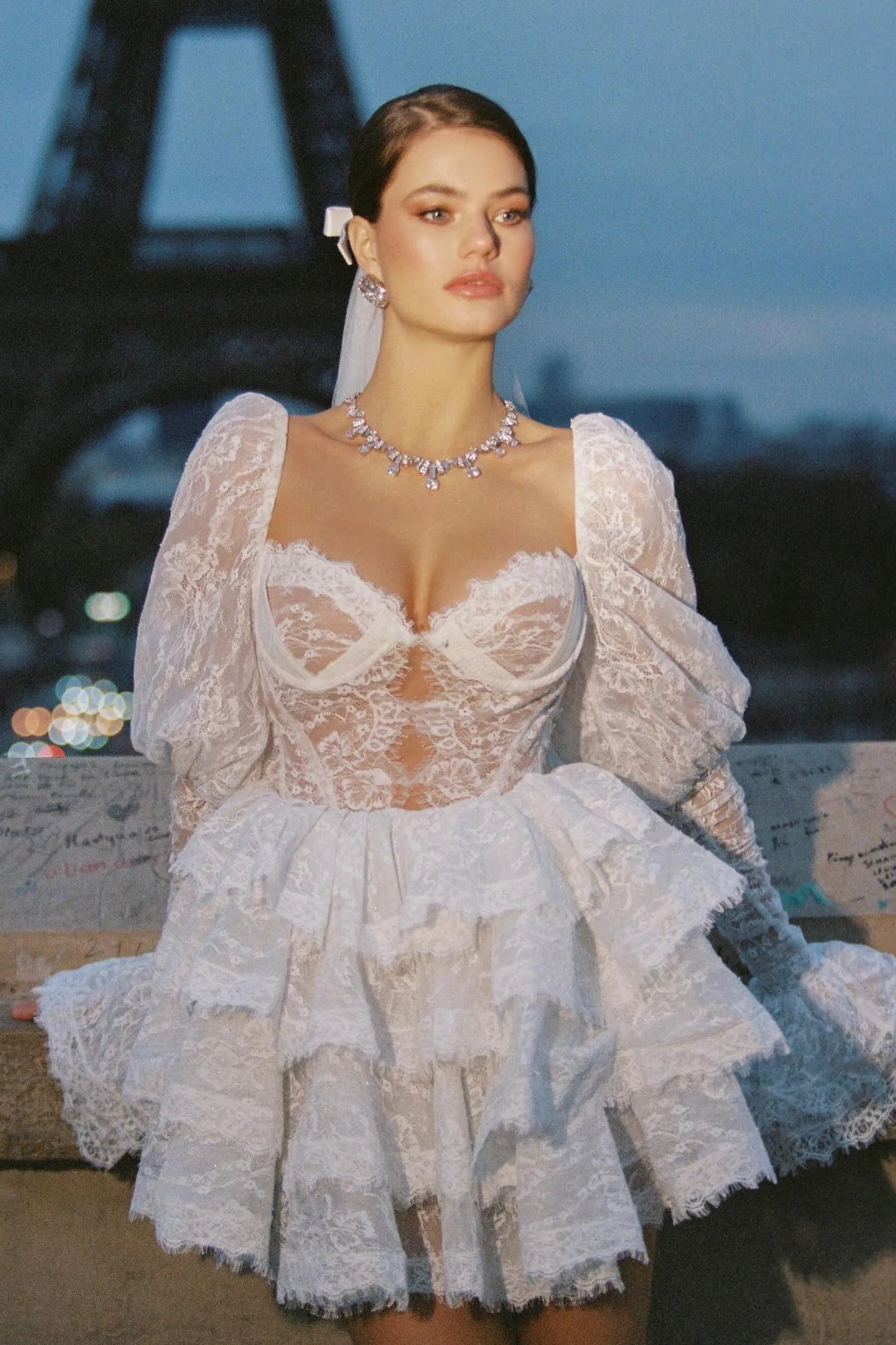 Bonnie İşlemeli Dantel Puf Kol Mini Elbise