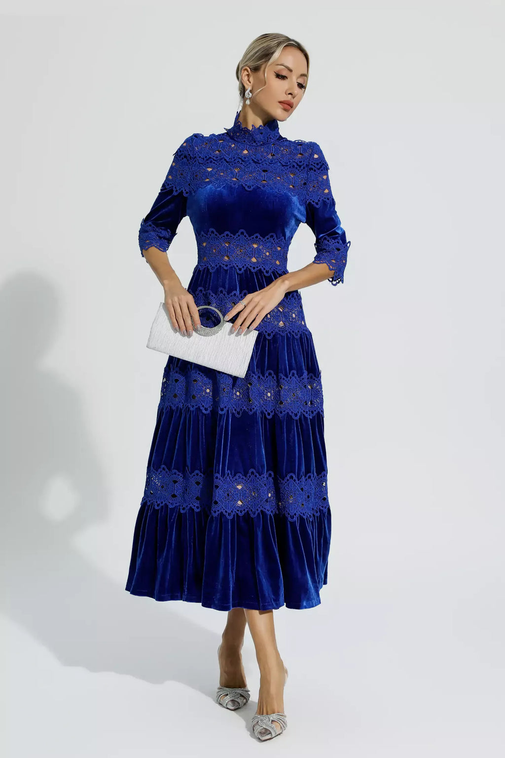 Henley Mavi Kesik Uzun Kollu Maxi Elbise