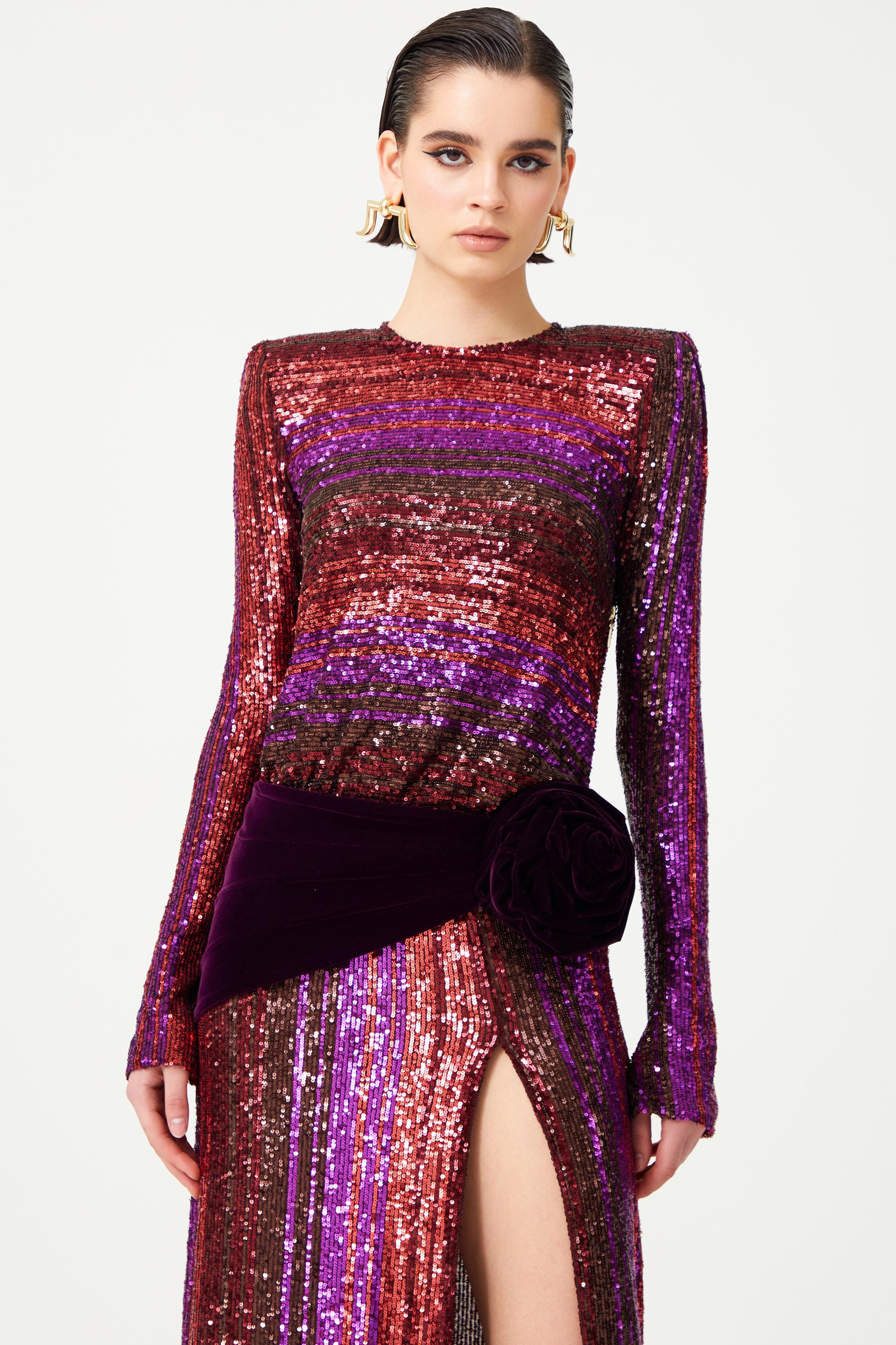 Fravia Payetler Kadife Yırtmaçlı Maxi Elbise