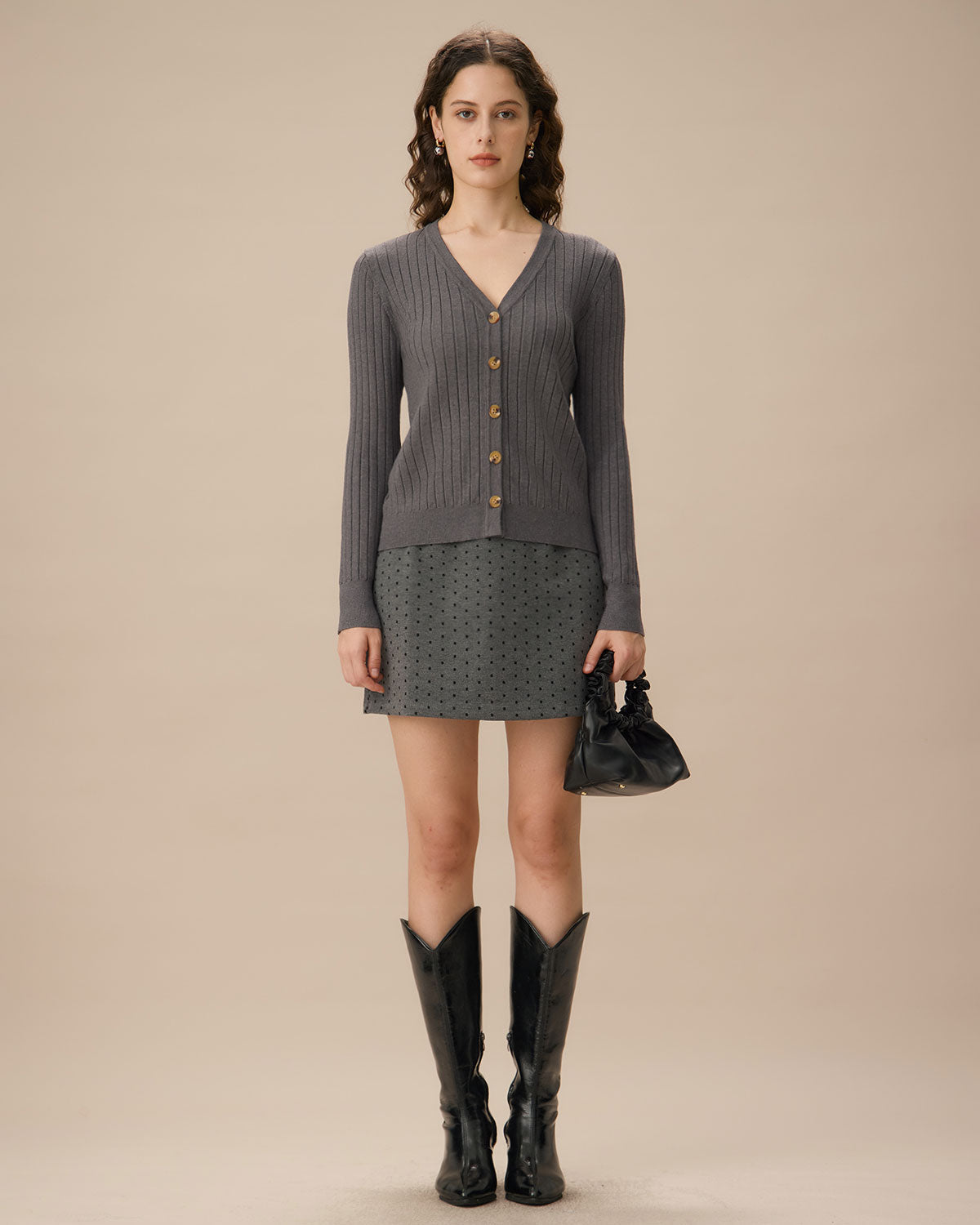 Gri V Yaka Tek Düğmeli Hırka