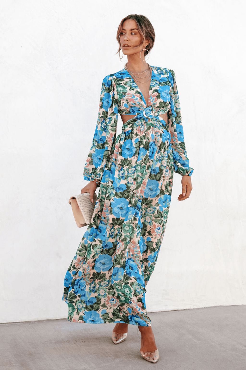 Andrey Baskılı V Yaka Cut Out Maxi Elbise