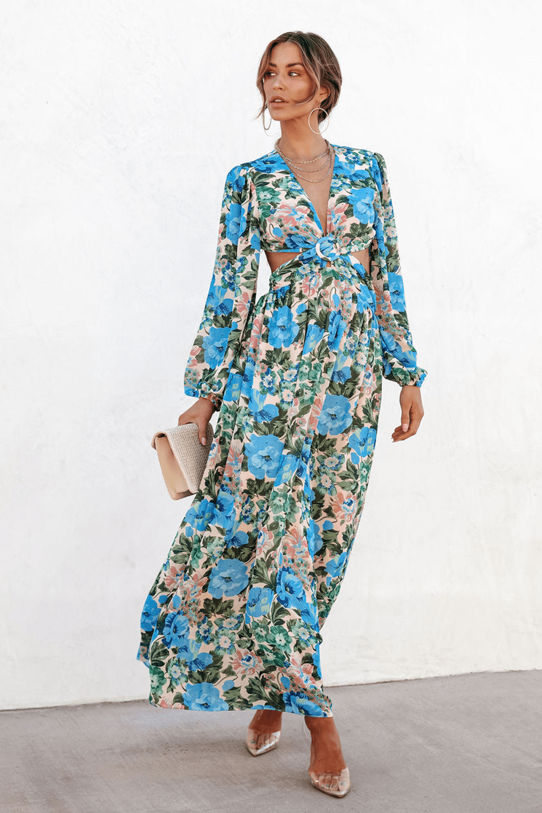 Andrey Baskılı V Yaka Cut Out Maxi Elbise