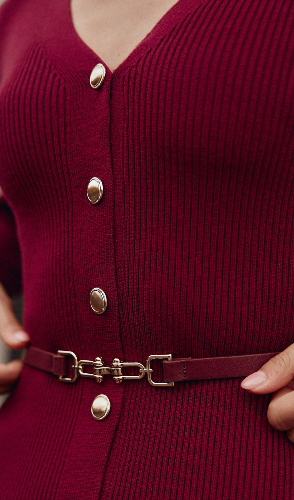 Örme V Yaka Kemerli Midi Elbise -Kırmızı