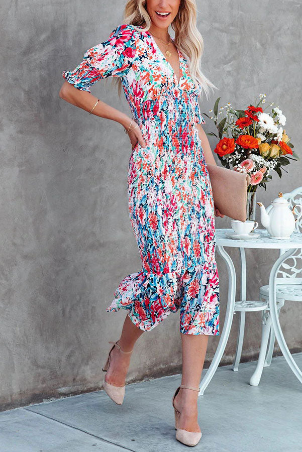 Floral Gipeli Midi Elbise
