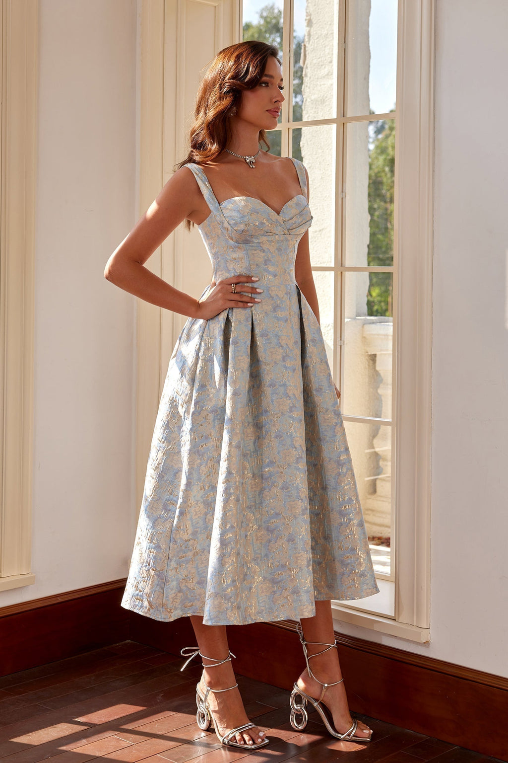 Rina Buz Mavisi & Gold Işıltılı Korsajlı Midi Elbise