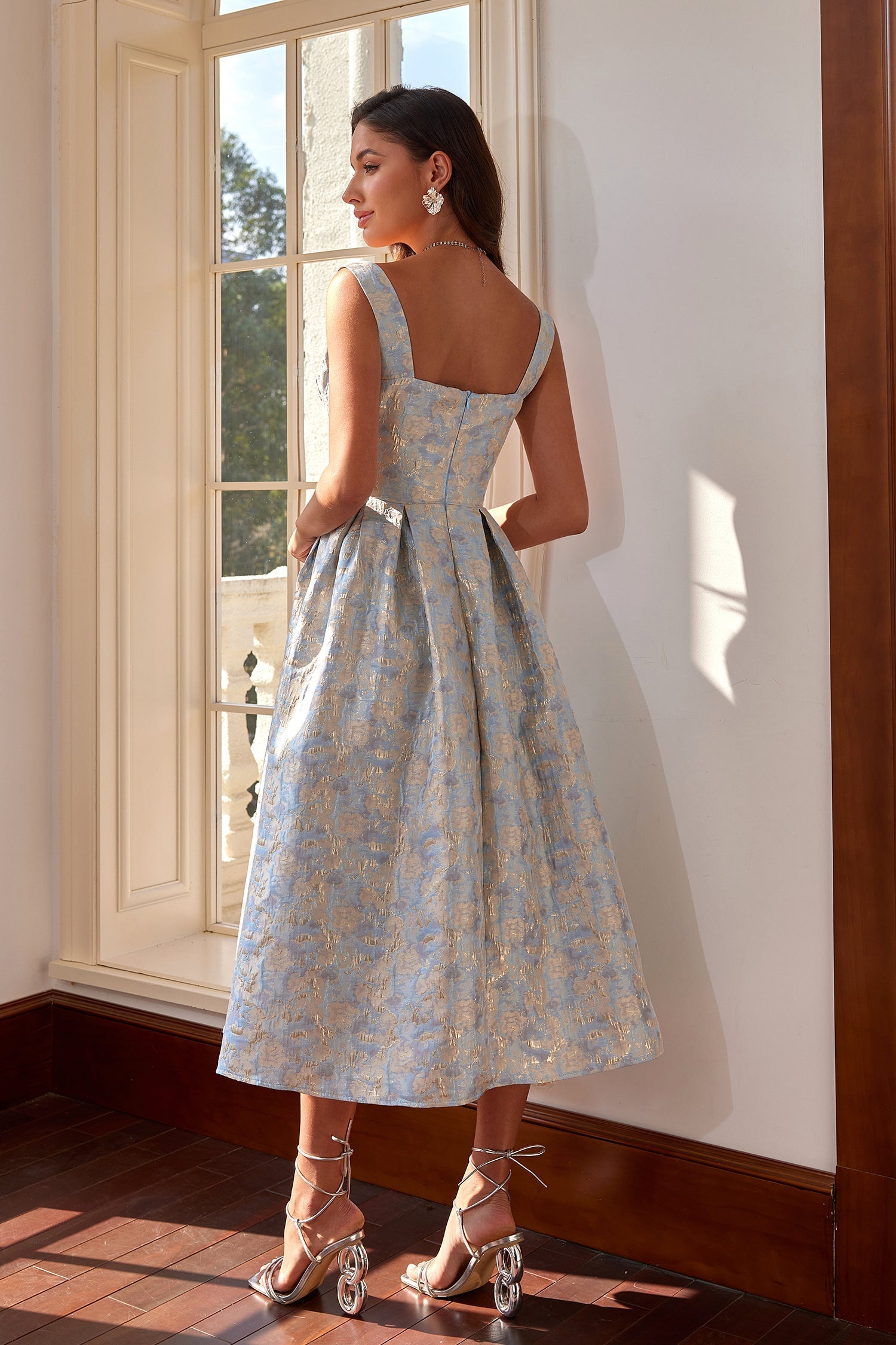 Sarah Mavi Jakarlı A Kesim Midi Elbise