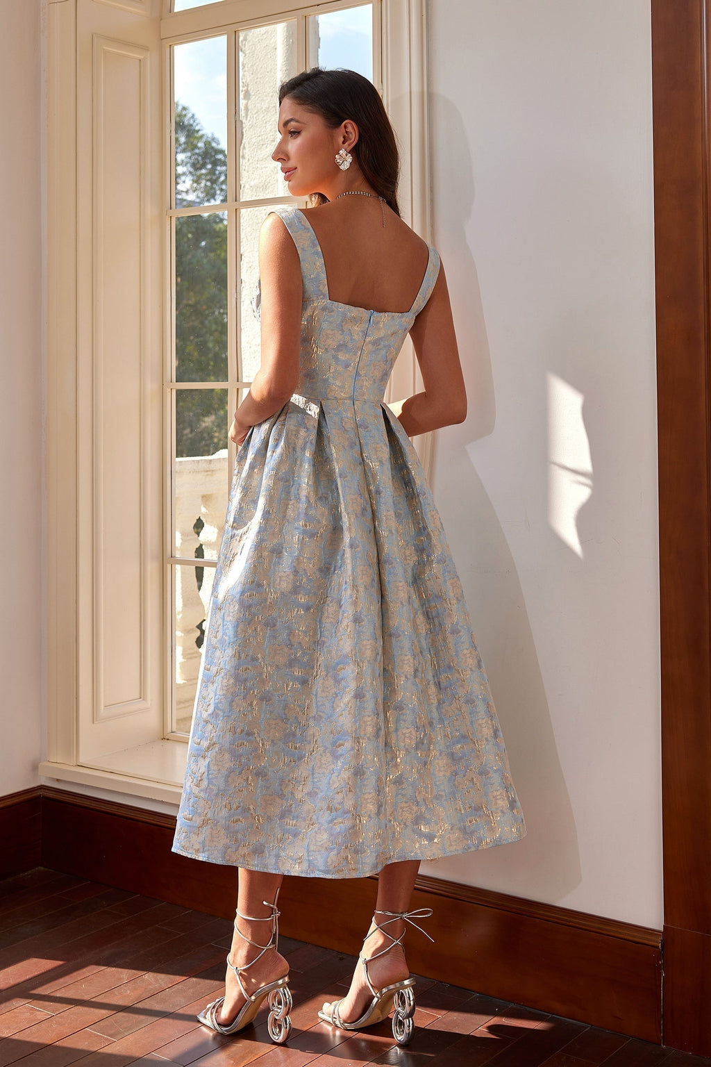 Rina Buz Mavisi & Gold Işıltılı Korsajlı Midi Elbise