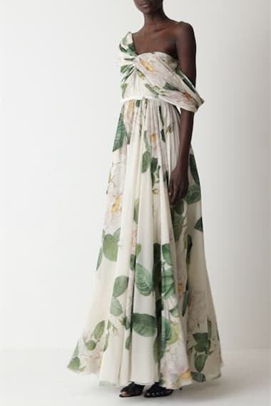 Yvette Çiçek Baskılı Düşük Omuzlu Uzun Elbise