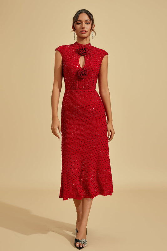 Lavinia Yakut Çiçeği Taşlı Midi Elbise