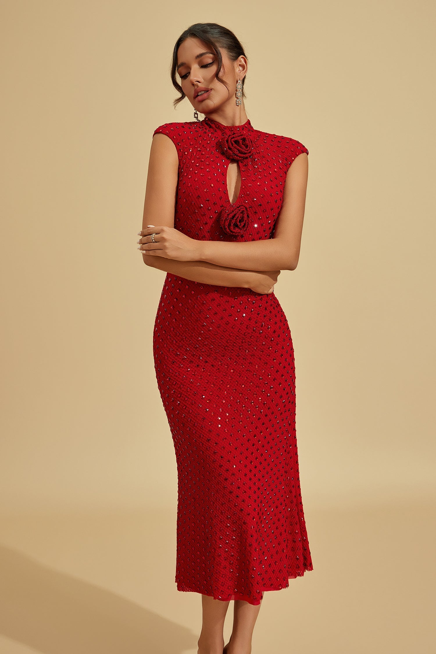 Lavinia Yakut Çiçeği Taşlı Midi Elbise