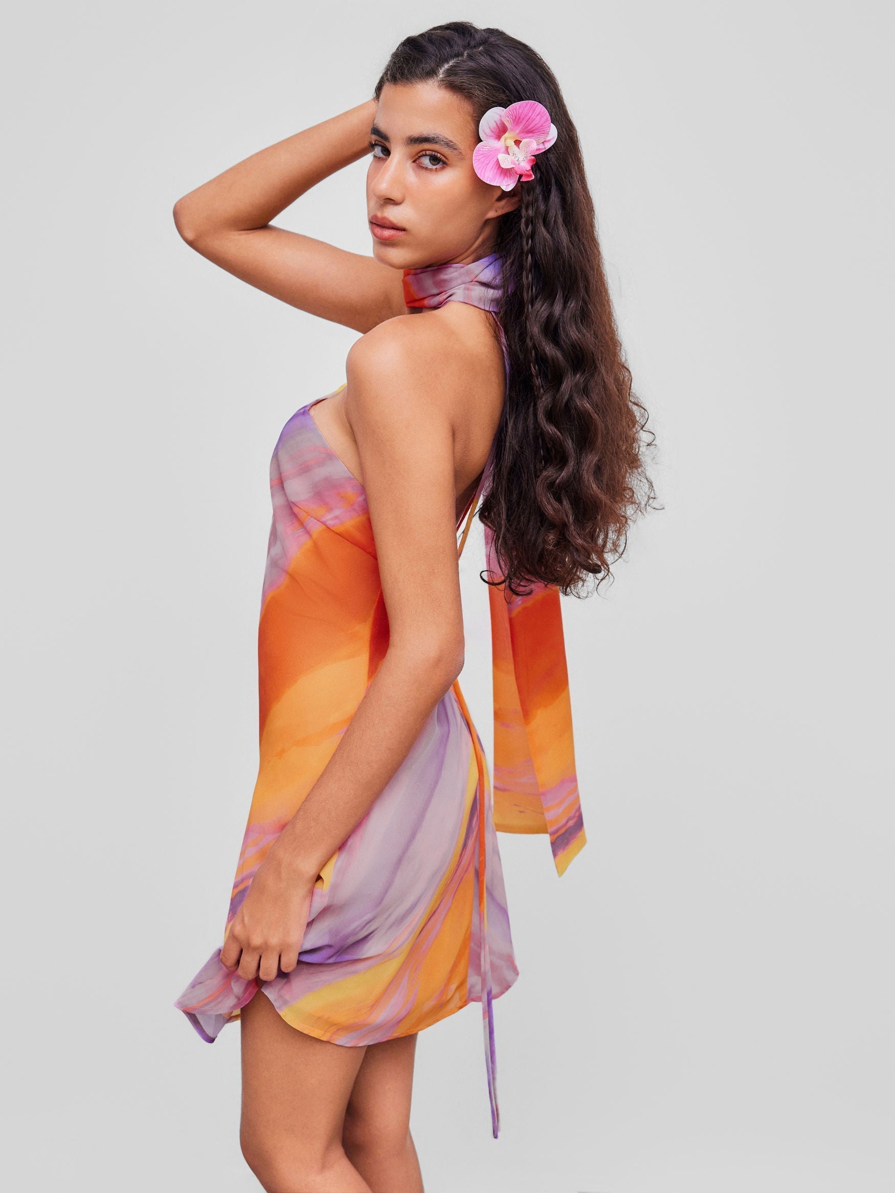 Sunset Asimetrik Yaka & Eşarp Detaylı Desenli Mini Elbise