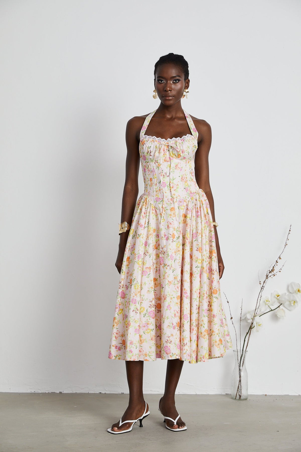 Odette desenli midi elbise