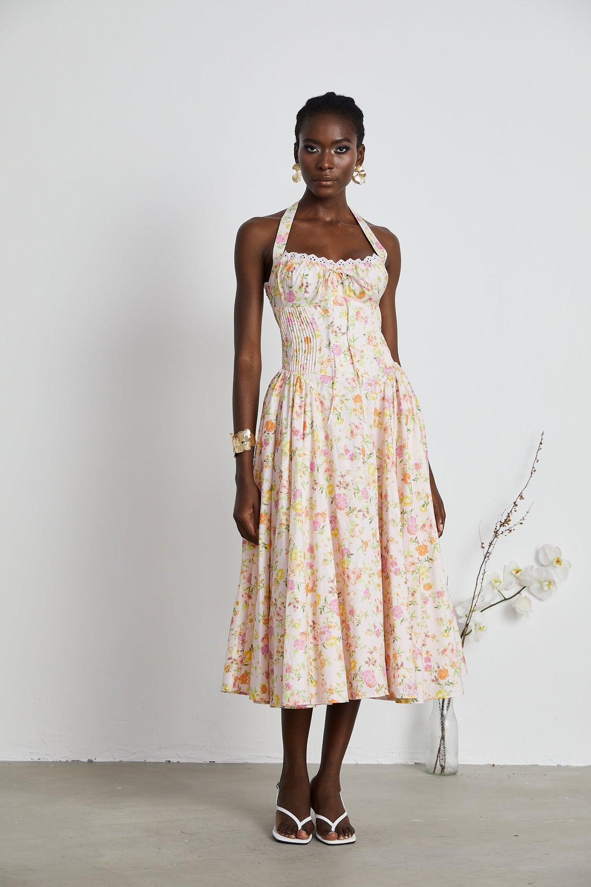 Odette desenli midi elbise