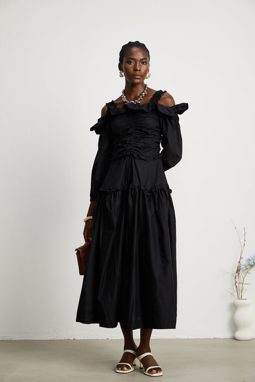 Renée pileli midi elbise