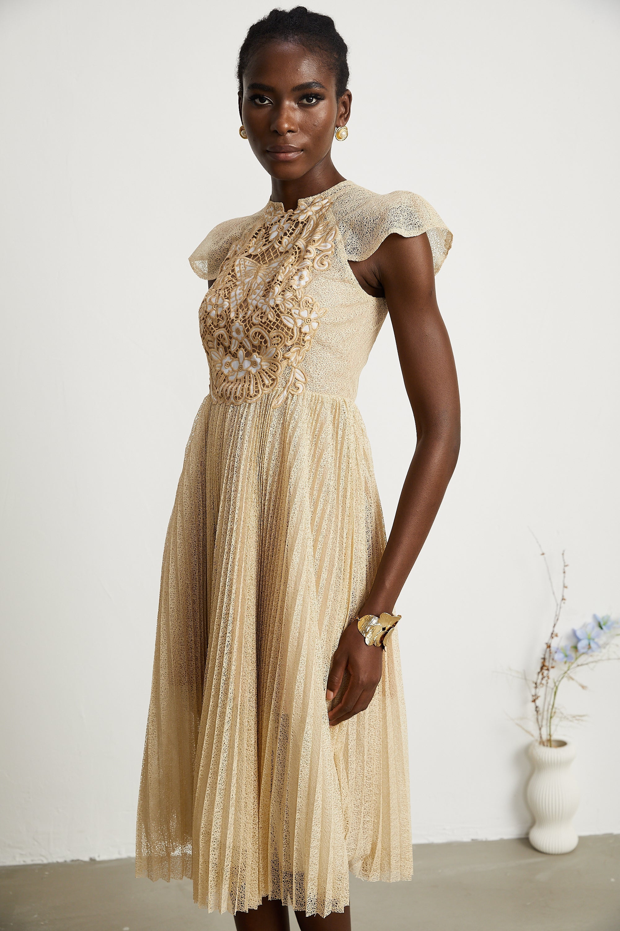 Nerissa İşlemeli Pilili Midi Elbise