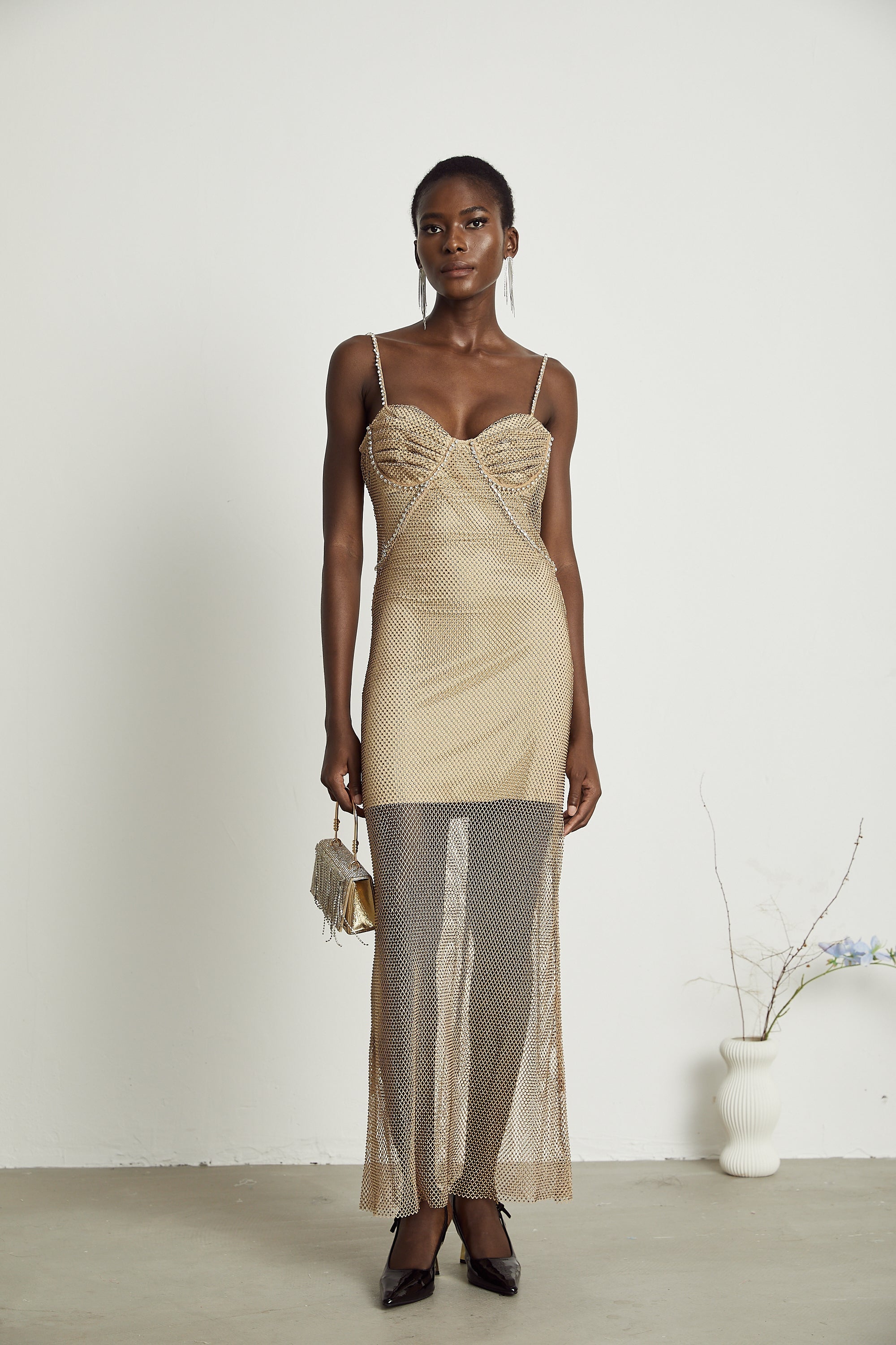 Delphine kristal midi elbise